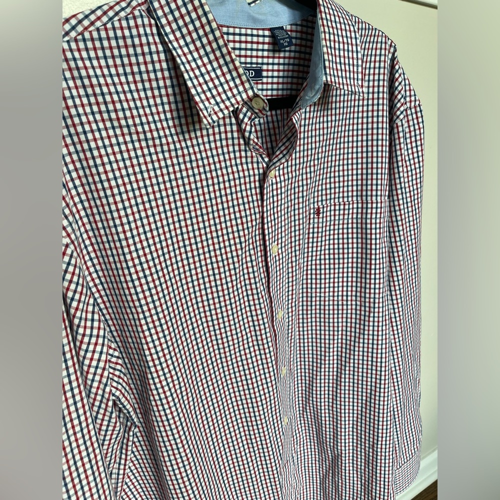 Mens Izod red blue checkered casual button up shirt XL